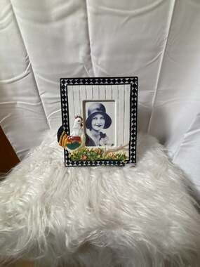 Vintage Ceramic Rooster Picture Frame with Black and White Checkered Border